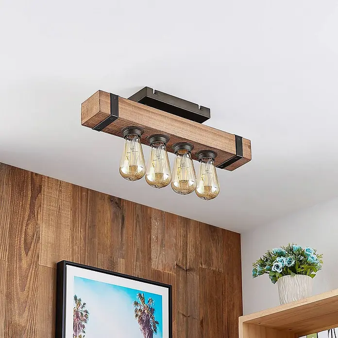 Lindby Deckenleuchte Sverina - L x B x H: 46 x 8 x 12 cm, Holz dunkel, E27 - Rustikale Deckenleuchte aus Holzbalken mit vier sichtbaren Edison-Glühbirnen.