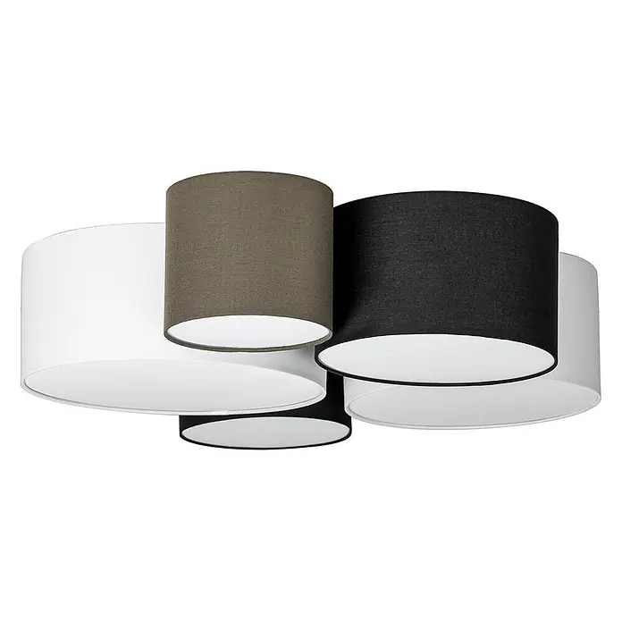 Lindby Deckenleuchte Lettie - Multicolour, E27 - Mehrflammige Deckenleuchte mit zylindrischen Stoffschirmen in Weiß, Schwarz und Braun.