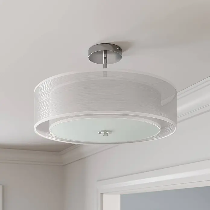 Lindby Deckenleuchte Pikka - weiß / opal, E27 - Silberne Deckenleuchte mit mehrlagigem weißem Stoffschirm und milchglas Diffusor.