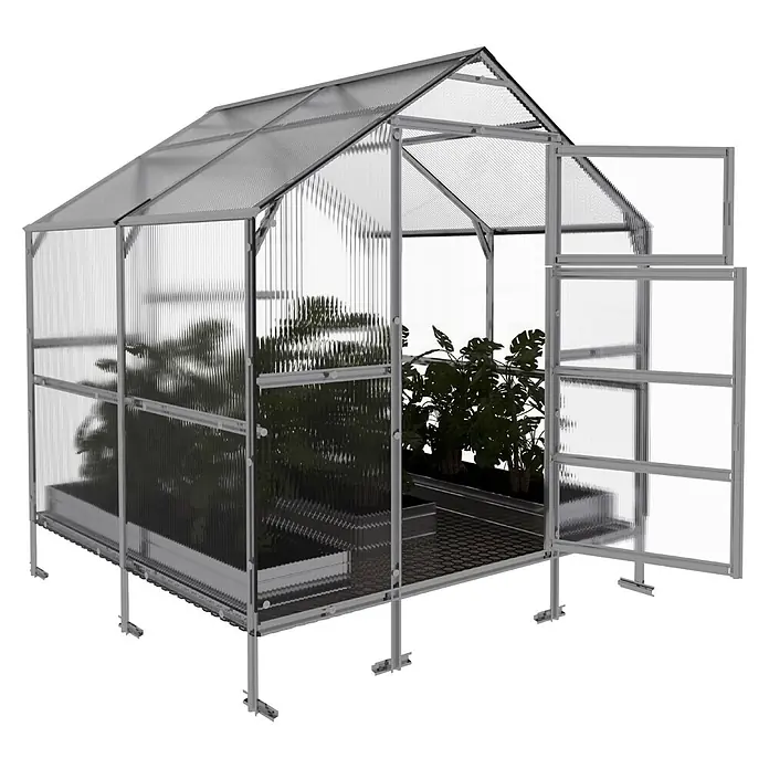 Klasika Greenhouses Gewächshaus Bernard Klasika - Außenmaß inkl. Dachüberstand (B x T): 235 x 200 cm, Material Seitenwand: Kunststoff, 4 mm, Silbergrau - Silberfarbenes Gewächshaus mit transparenten Wellplatten und Pflanzen darin. Tür ist offen.