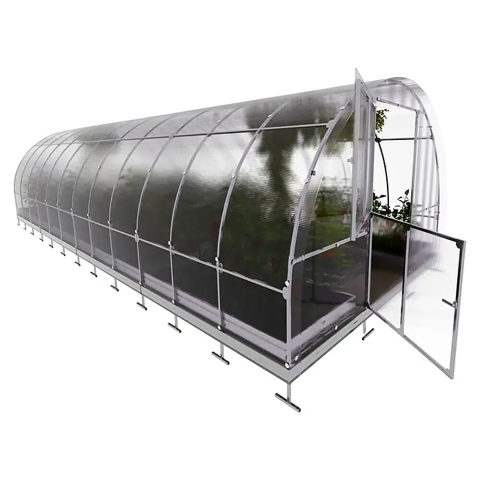 Klasika Greenhouses Gewächshaus Tube Klasika - Außenmaß inkl. Dachüberstand (B x T): 300 x 800 cm, Material Seitenwand: Kunststoff, 4 mm, Silbergrau - Langes Tunnelgewächshaus mit lichtdurchlässigen Platten, silbernem Rahmen und offener Tür, zur Pflanzenzucht.