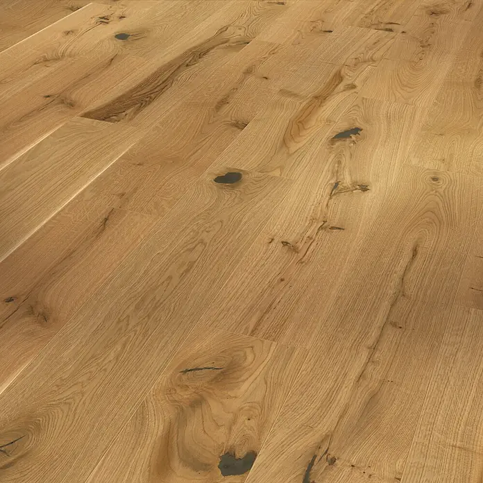 Parador Parkett - Eiche Rustic, Landhausdiele, 1.080 x 185 x 11,5 mm - Helle Eichenparkettböden mit natürlicher Maserung und dunklen Ästen.