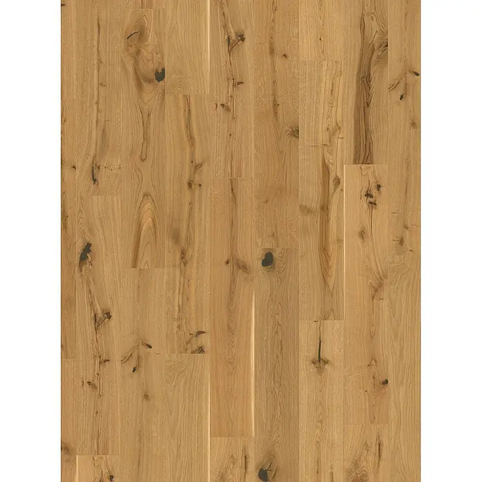 Parador Parkett - Eiche Rustic, Landhausdiele, 1.080 x 185 x 11,5 mm - Hellbrauner Eichenholzparkett mit natürlicher Maserung und markanten dunklen Ästen, vertikal verlegt.
