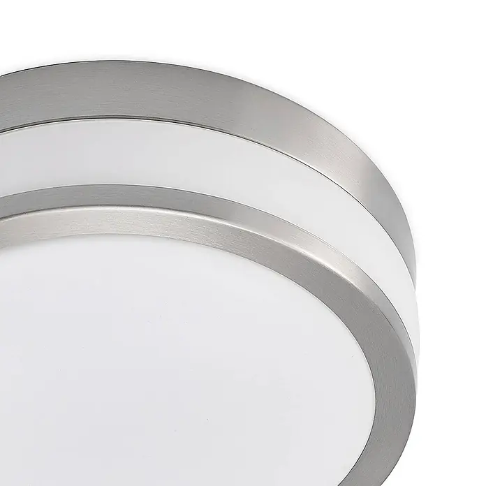 Lindby Deckenleuchte Flavi - L x B x H: 28 x 28 x 9 cm, alu / grau / zink, E27 - Runde Deckenleuchte mit gebürstetem silbernem Metallrahmen und weißem Diffusor.