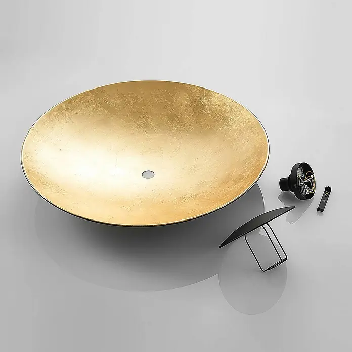 Lindby Deckenleuchte Narisara - schwarz, schwarz, E27 - Runde goldene Deckenleuchte mit strukturierter Blattgold-Oberfläche und schwarzen Montageteilen.