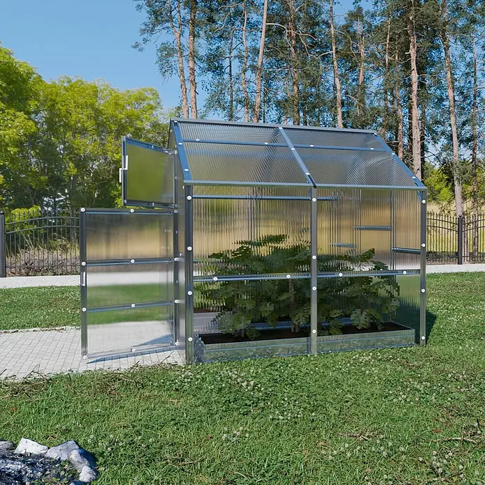 Klasika Greenhouses Gewächshaus Bernard Klasika - Außenmaß inkl. Dachüberstand (B x T): 235 x 200 cm, Material Seitenwand: Kunststoff, 4 mm, Silbergrau - Kompaktes Gewächshaus mit silbernem Metallrahmen und transparenten Wellplatten, bepflanzt auf Rasen.