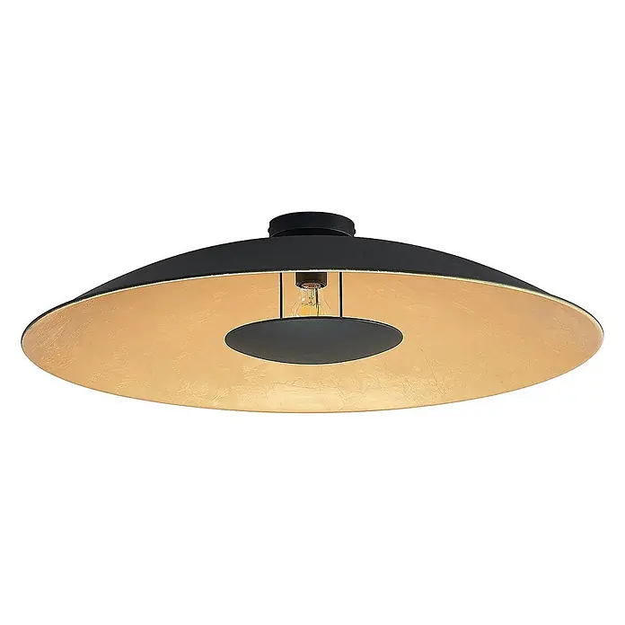 Lindby Deckenleuchte Narisara - schwarz, schwarz, E27 - Schwarze Deckenleuchte mit strukturierter goldener Innenseite, sichtbarer Glühbirne und schwarzem Mitteldiffusor.