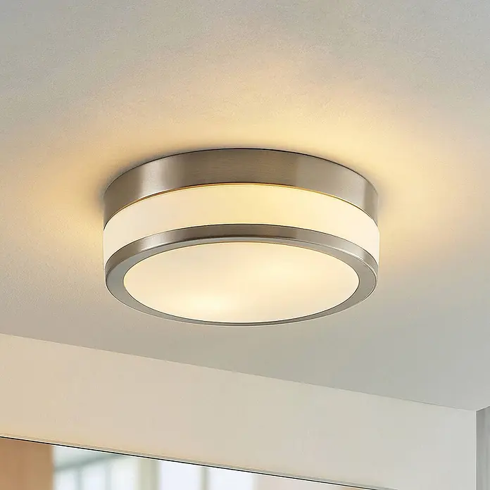 Lindby Deckenleuchte Flavi - L x B x H: 28 x 28 x 9 cm, alu / grau / zink, E27 - Runde Deckenleuchte mit gebürstetem Metallrahmen und zwei weißen Diffusoren, warm beleuchtet.