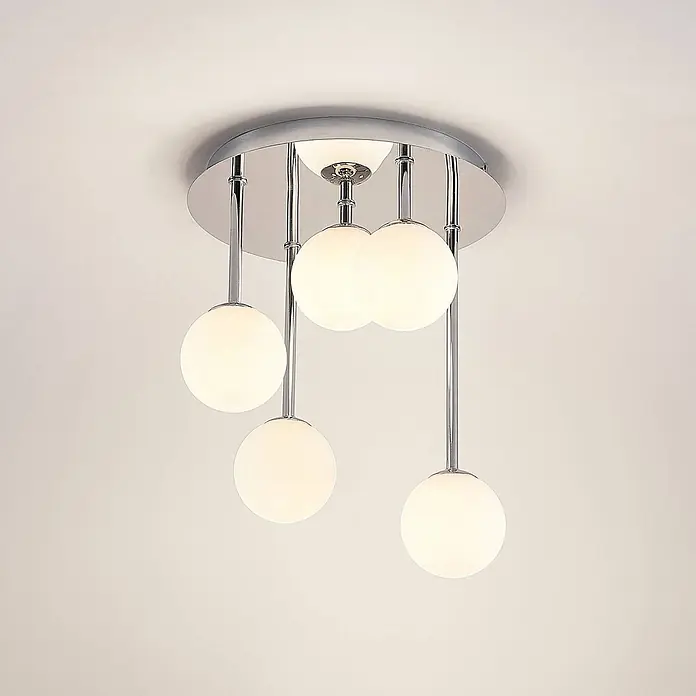 Lindby Deckenleuchte Chrissy - L x B x H: 27 x 27 x 33 cm, chrom / silber, G9 - Moderne Deckenleuchte aus Chrom mit fünf kugelförmigen weißen Glasschirmen.