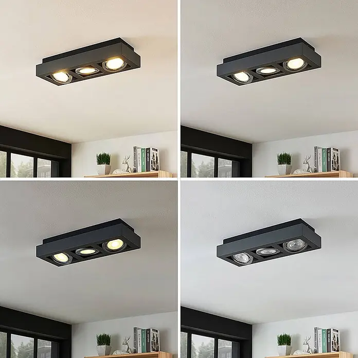 Arcchio Deckenleuchte Ronka - schwarz, schwarz, GU10 - Schwarze, rechteckige Deckenleuchte mit drei verstellbaren Strahlern, an einer weißen Decke montiert.