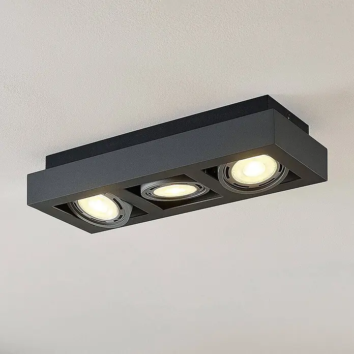 Arcchio Deckenleuchte Ronka - schwarz, schwarz, GU10 - Dunkelgraue, rechteckige Deckenleuchte mit drei schwenkbaren Strahlern und warmweißem Licht.