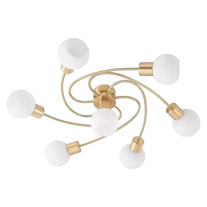 Lindby Deckenleuchte Ciala - messing / gold, E14 - Goldene Deckenleuchte mit sieben geschwungenen Armen und weißen Kugelglasschirmen.
