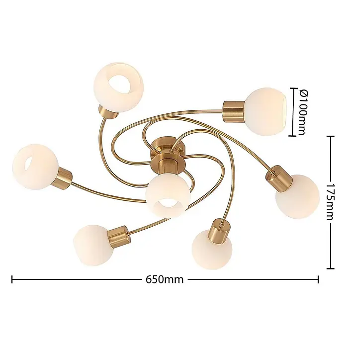 Lindby Deckenleuchte Ciala - messing / gold, E14 - Moderne Messing-Deckenleuchte mit sechs weißen Kugelschirmen an geschwungenen Armen.