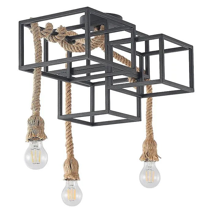 Lucande Deckenleuchte Andrik - schwarz, schwarz, E27 - Schwarze Deckenleuchte aus Metall mit geometrischem Rahmen und drei seilaufgehängten LED-Glühbirnen.