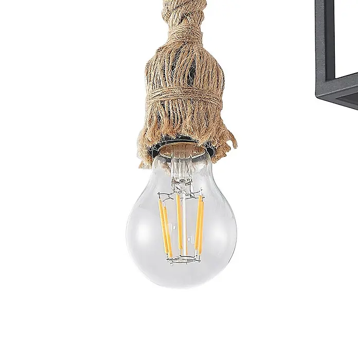 Lucande Deckenleuchte Andrik - schwarz, schwarz, E27 - Klare LED-Glühbirne mit Hanfseilfassung und dunklem Metallrahmen-Detail.