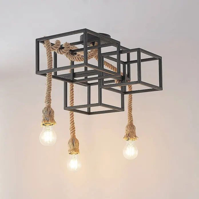 Lucande Deckenleuchte Andrik - schwarz, schwarz, E27 - Schwarze Deckenlampe aus Metallkäfig mit drei seilumwickelten Glühbirnen.