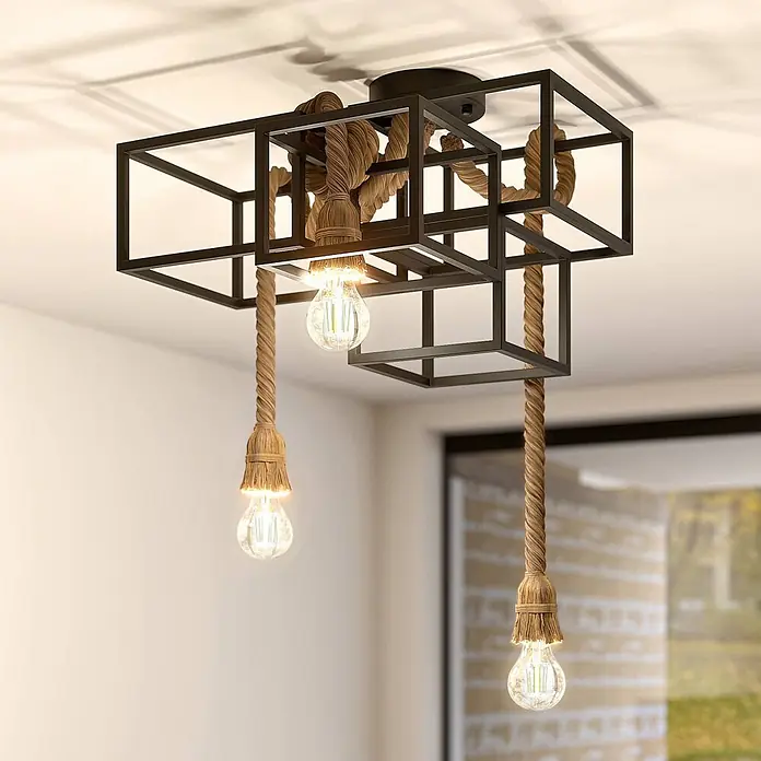 Lucande Deckenleuchte Andrik - schwarz, schwarz, E27 - Deckenleuchte mit schwarzem Metallkäfig, hängenden Seilakzenten und drei sichtbaren Filamentbirnen.