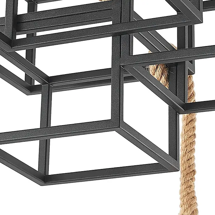 Lucande Deckenleuchte Andrik - schwarz, schwarz, E27 - Nahaufnahme einer schwarzen geometrischen Metallstruktur mit geflochtenem Naturseil.