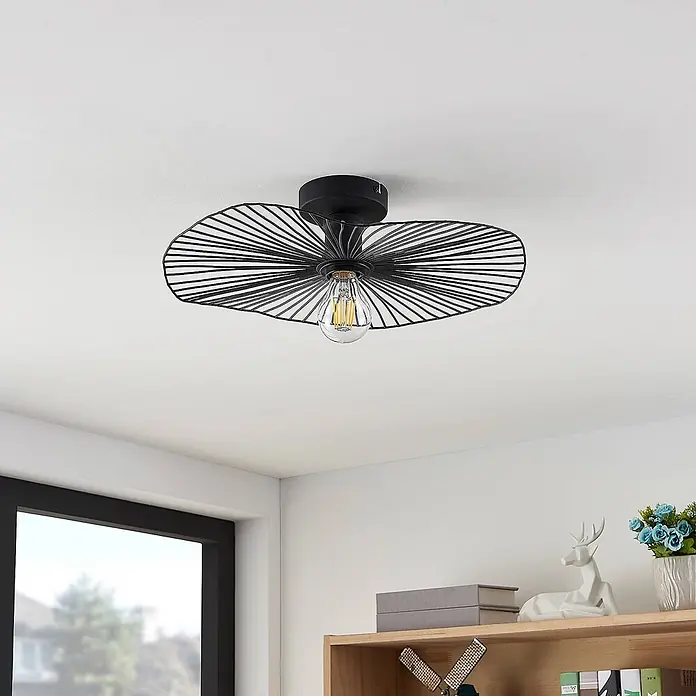 Lindby Deckenleuchte Ruota - schwarz, schwarz, E27 - Schwarze Deckenleuchte aus Metall mit freiliegender Glühbirne und fächerförmigem Schirm.