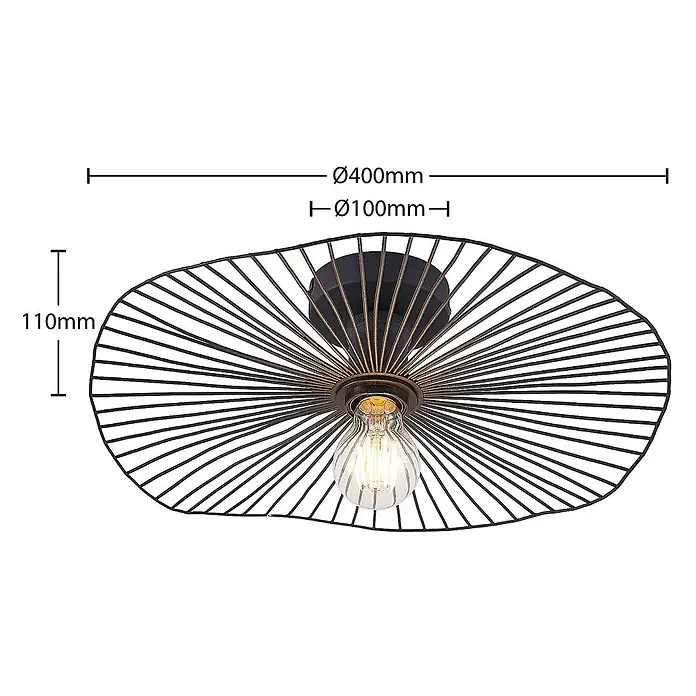 Lindby Deckenleuchte Ruota - schwarz, schwarz, E27 - Schwarze Metallgitter-Deckenleuchte, Ø400mm, mit sichtbarer Glühbirne.