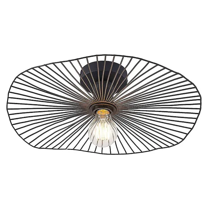 Lindby Deckenleuchte Ruota - schwarz, schwarz, E27 - Schwarze Deckenleuchte aus Metalldraht mit sichtbarer Edison-Glühbirne und fächerförmigem Radialdesign.