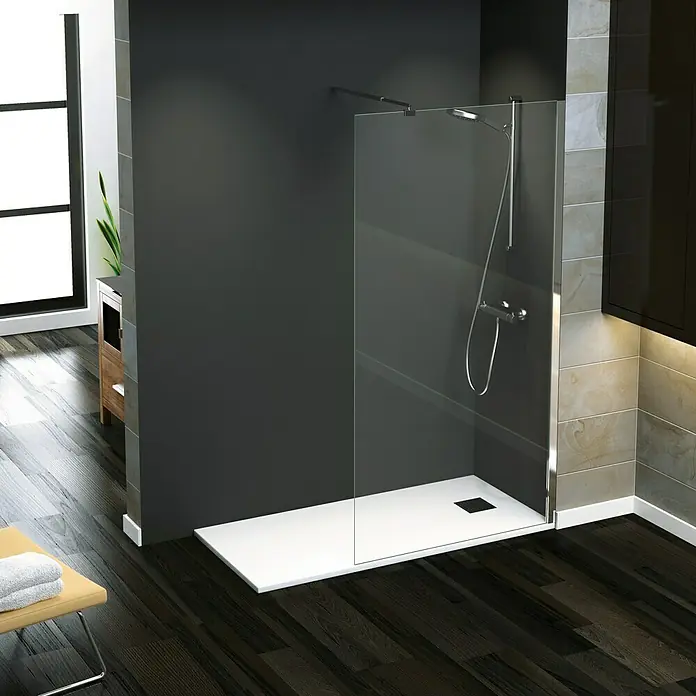Torvisco Mampara de ducha fija Rimini - An x Al: 100 x 195 cm, Cromo - Elegante baño con una moderna mampara de ducha de vidrio y un plato de ducha blanco, que ofrece un diseño minimalista y elegante.