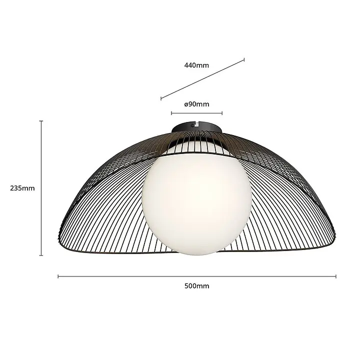 Lindby Deckenleuchte Fabronia - schwarz, schwarz, E27 - Schwarze Metalldraht-Deckenleuchte mit weißem, kugelförmigem Diffusor.