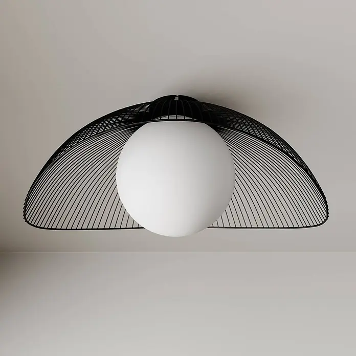 Lindby Deckenleuchte Fabronia - schwarz, schwarz, E27 - Schwarze Metalldrahtkuppel-Deckenleuchte mit zentralem weißem Kugeldiffusor.