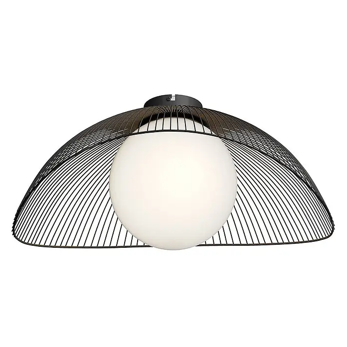Lindby Deckenleuchte Fabronia - schwarz, schwarz, E27 - Schwarze Deckenleuchte mit Drahtgeflecht und weißem Kugeldiffusor.