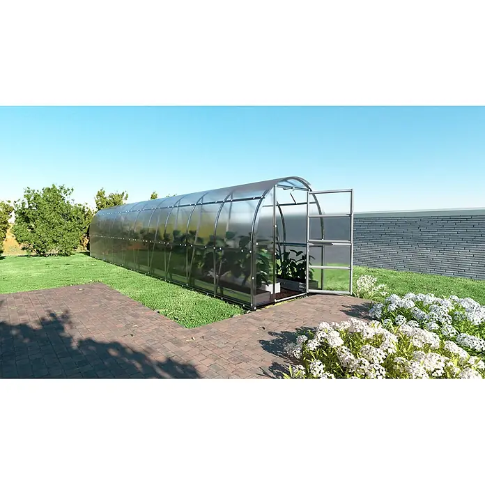 Klasika Greenhouses Gewächshaus Slim Klasika - Außenmaß inkl. Dachüberstand (B x T): 200 x 1.200 cm, Material Seitenwand: Kunststoff, 4 mm, Silbergrau - Langes, gewölbtes transparentes Gewächshaus mit silbernem Metallrahmen und offener Tür im Garten, mit Pflanzen darin.