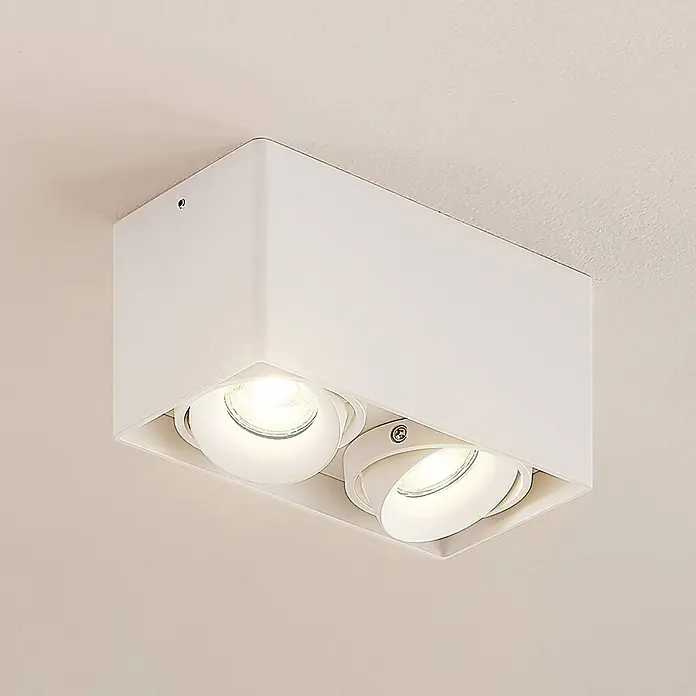 Arcchio Deckenleuchte Kubika - weiß / opal, GU10 - Weiße rechteckige Deckenleuchte mit zwei schwenkbaren Strahlern.