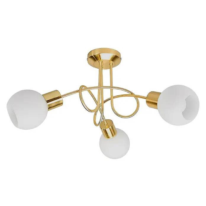 Lindby Deckenleuchte Elaina - messing / gold, E14 - Goldfarbene Deckenleuchte mit drei weißen, mattierten Glaskugelschirmen und dekorativen geschwungenen Armen.