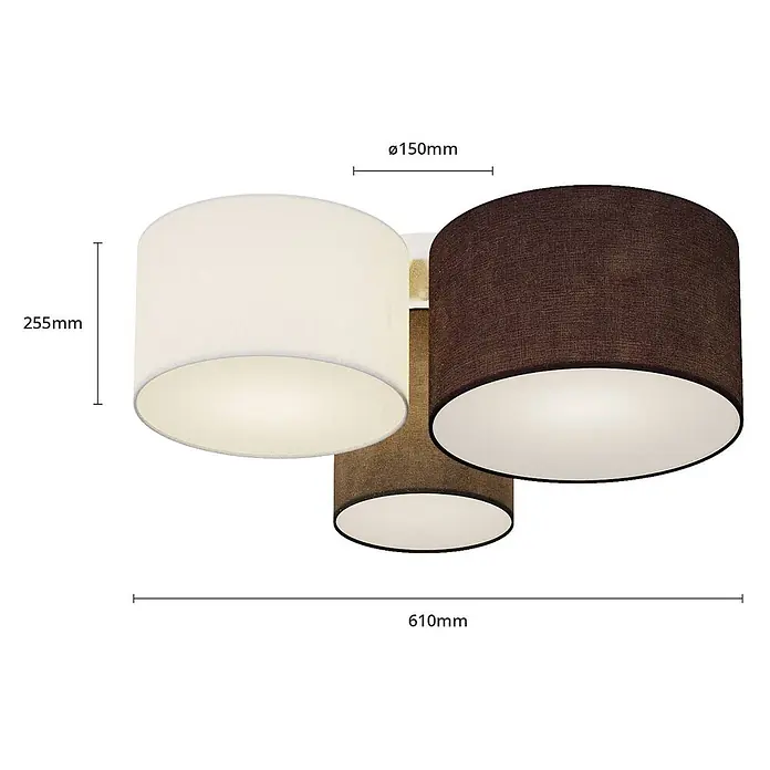 Lindby Deckenleuchte Laurenz - alu / grau / zink, E27 - Deckenleuchte mit drei trommelförmigen Stoffschirmen in Creme und Braun.