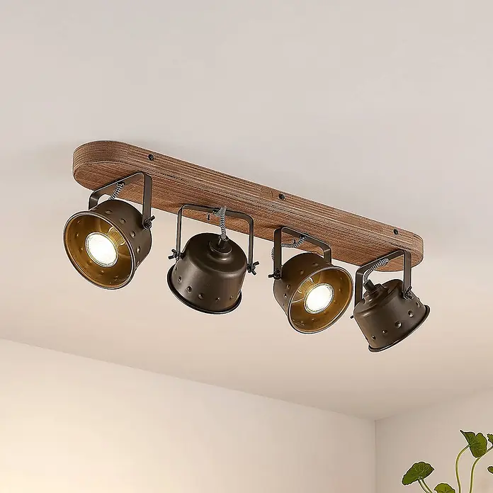 Lindby Deckenstrahler Rubinjo - L x B x H: 62 x 16 x 19,5 cm, schwarz, GU10 - Deckenlampe mit vier Spots, rustikaler Holzbasis und dunklen, verstellbaren Metallköpfen.