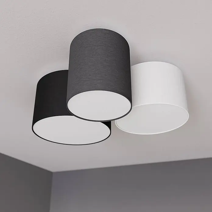 Lindby Deckenleuchte Laurenz - L x B x H: 58 x 54 x 25,5 cm, alu / grau / zink, E27 - Dreiflammige Deckenleuchte mit zylindrischen Stoffschirmen in Schwarz, Dunkelgrau und Weiß.