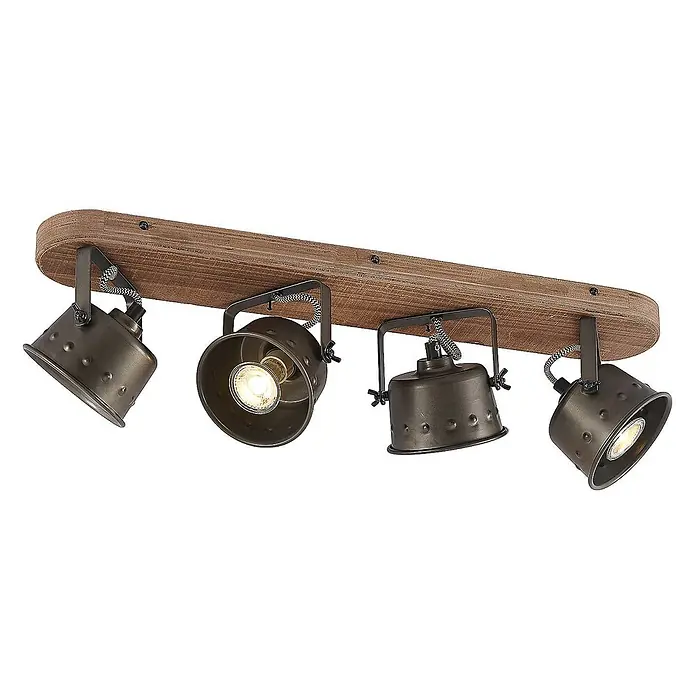 Lindby Deckenstrahler Rubinjo - L x B x H: 62 x 16 x 19,5 cm, schwarz, GU10 - Vierflammige Deckenleuchte mit dunklen Metallstrahlern im Industriedesign auf rustikalem Holzbalken, mit geflochtenen Kabeln.