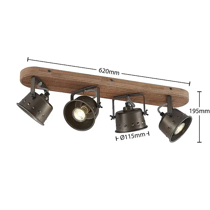 Lindby Deckenstrahler Rubinjo - L x B x H: 62 x 16 x 19,5 cm, schwarz, GU10 - Vierflammige Deckenleiste mit Holzsockel und antikbronzenen, verstellbaren Metallstrahlern (Ø 115mm), Länge 620mm, Höhe 195mm.