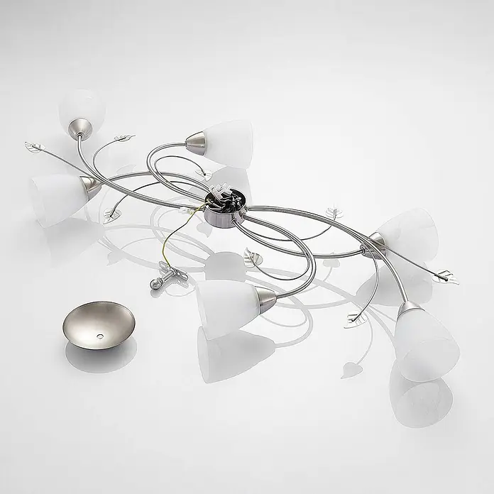 Lindby Deckenleuchte Yannie - alu / grau / zink, E14 - Deckenleuchte aus satiniertem Nickel mit 7 weißen Glasschirmen und Blätterdekor, mit separater Abdeckung und Verkabelung.