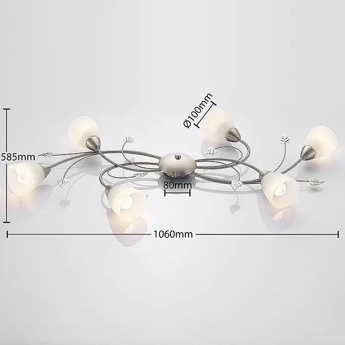 Lindby Deckenleuchte Yannie - alu / grau / zink, E14 - Gebürstete Metall-Deckenleuchte (6-flammig), 1060x585mm, mit Milchglasschirmen (Ø100mm) und Zierblättern.