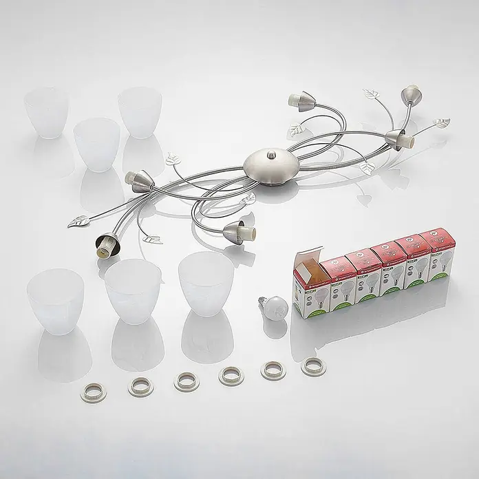 Lindby Deckenleuchte Yannie - alu / grau / zink, E14 - Zerlegte Deckenleuchte: gebürsteter Metallrahmen mit Blattakzenten, sieben mattweiße Glasschirme, LED-Glühbirnen und Montageringe.