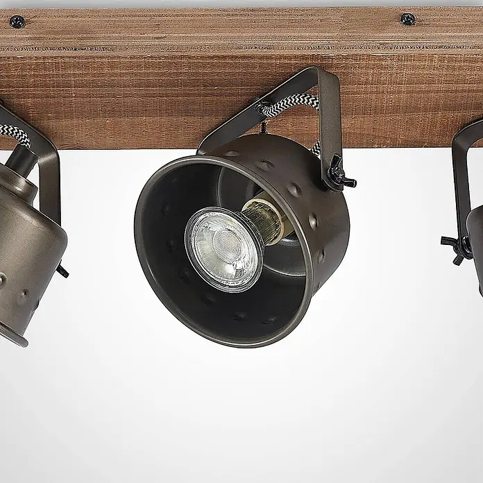 Lindby Deckenstrahler Rubinjo - L x B x H: 62 x 16 x 19,5 cm, schwarz, GU10 - Deckenleuchte im Industriestil mit dunklen Metallstrahlern an rustikalem Holzbrett und geflochtenen Kabeln.