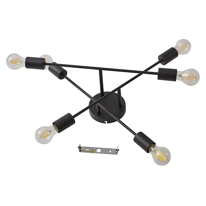 Lindby Deckenleuchte Estar - schwarz, E27 - Mattschwarze 6-armige Spider-Deckenleuchte mit sichtbaren LED-Glühfadenlampen und Montagebügel.