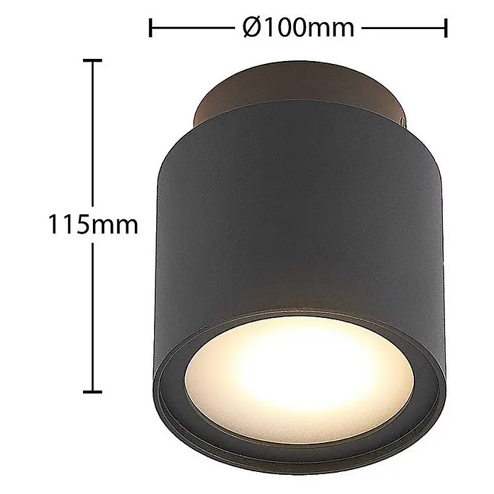Arcchio Deckenstrahler Walisa - schwarz, schwarz, GU10 - Dunkelgrauer zylindrischer Deckenstrahler mit beleuchtetem Diffusor. Maße Ø100mm x 115mm.
