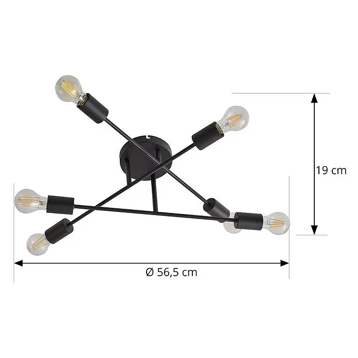 Lindby Deckenleuchte Estar - schwarz, E27 - Schwarze Metall-Spinnen-Deckenleuchte mit sichtbaren Edison-Glühbirnen.