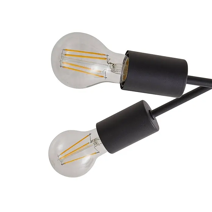 Lindby Deckenleuchte Estar - schwarz, E27 - Zwei klare LED-Filament-Glühbirnen in schwarzen zylindrischen Fassungen an einer schwarzen Leuchte.