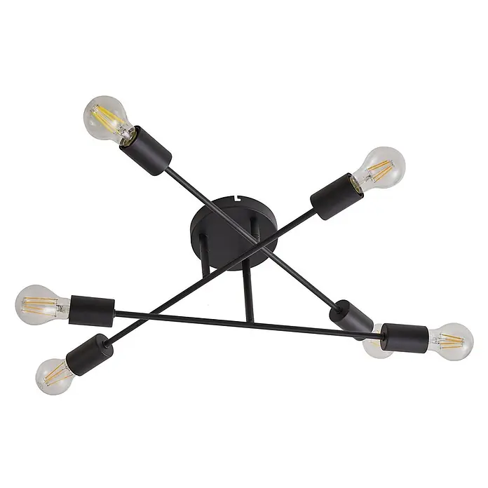 Lindby Deckenleuchte Estar - schwarz, E27 - Schwarze geometrische Deckenleuchte mit sechs Armen und sichtbaren LED-Glühbirnen, ideal für moderne Einrichtungen.
