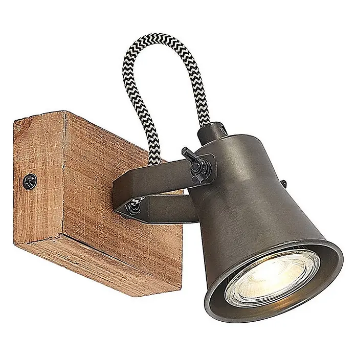 Lindby Deckenstrahler Grandesa - Holz dunkel, schwarz, GU10 - Verstellbarer Wandstrahler mit rustikalem Holzsockel, dunklem Metallkopf und dekorativem schwarz/weiß Textilkabel.
