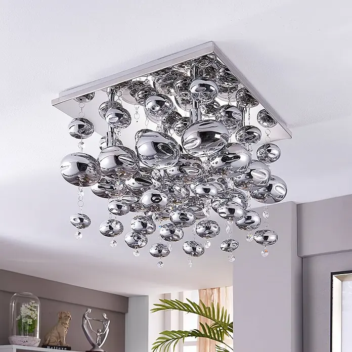 Lindby Deckenleuchte Esfera - L x B x H: 35 x 35 x 42 cm, chrom / silber, klar / transparent, G9 - Quadratische Chrom-Deckenleuchte mit vielen reflektierenden Silberkugeln und funkelnden Kristalltropfen.