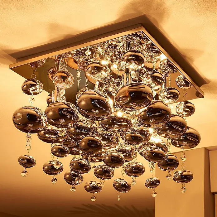 Lindby Deckenleuchte Esfera - L x B x H: 35 x 35 x 42 cm, chrom / silber, klar / transparent, G9 - Chromdeckenleuchte mit zahlreichen dunklen Chromkugeln und Kristallakzenten, die ein warmes Licht abgibt.
