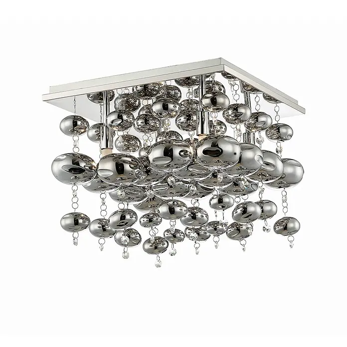 Lindby Deckenleuchte Esfera - L x B x H: 35 x 35 x 42 cm, chrom / silber, klar / transparent, G9 - Chromfarbene Deckenleuchte mit vielen glänzenden, reflektierenden Silberkugeln und hängenden klaren Kristallen.